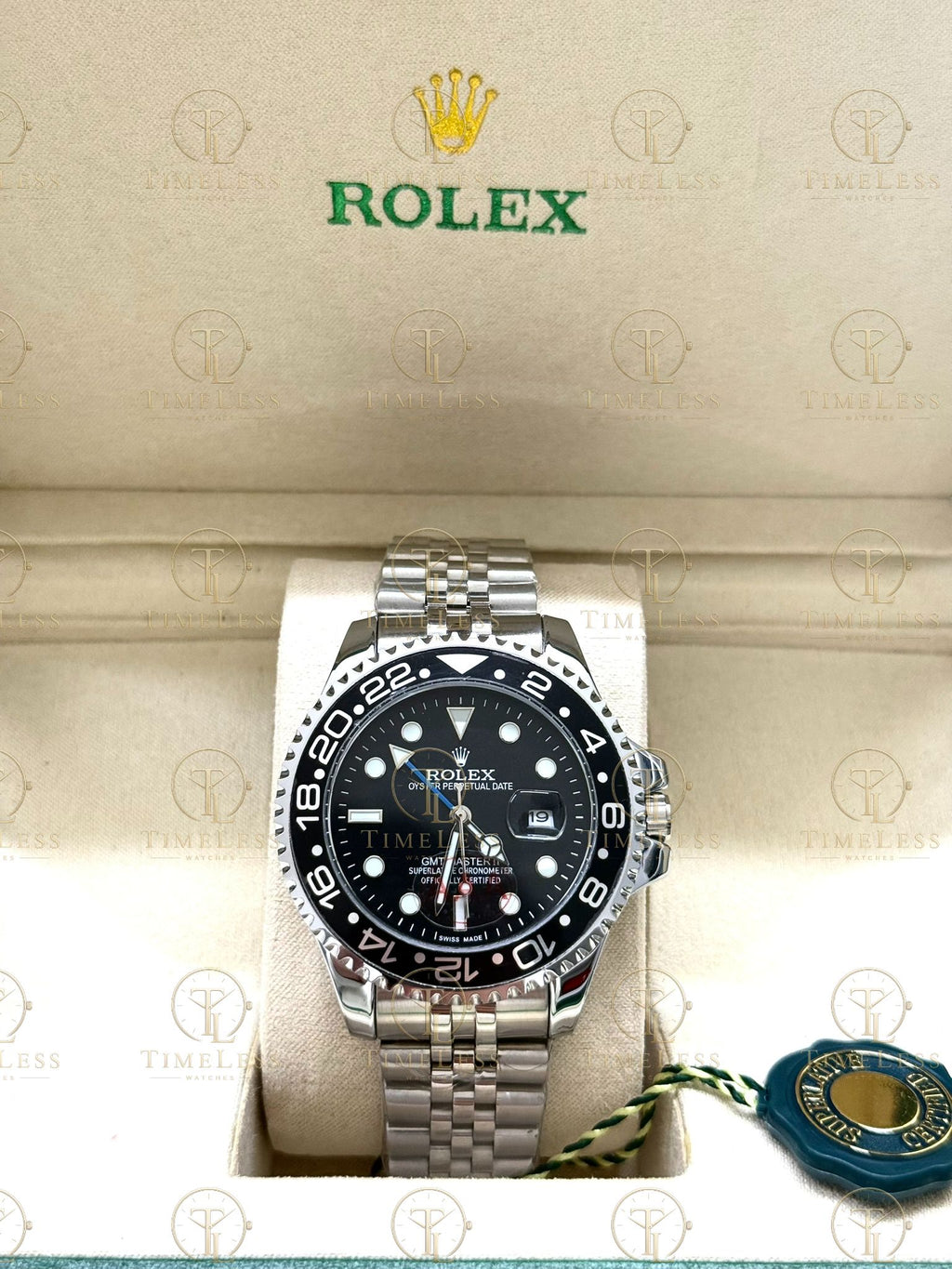 GMT MASTER II silver , black dial , jubilee bracelet