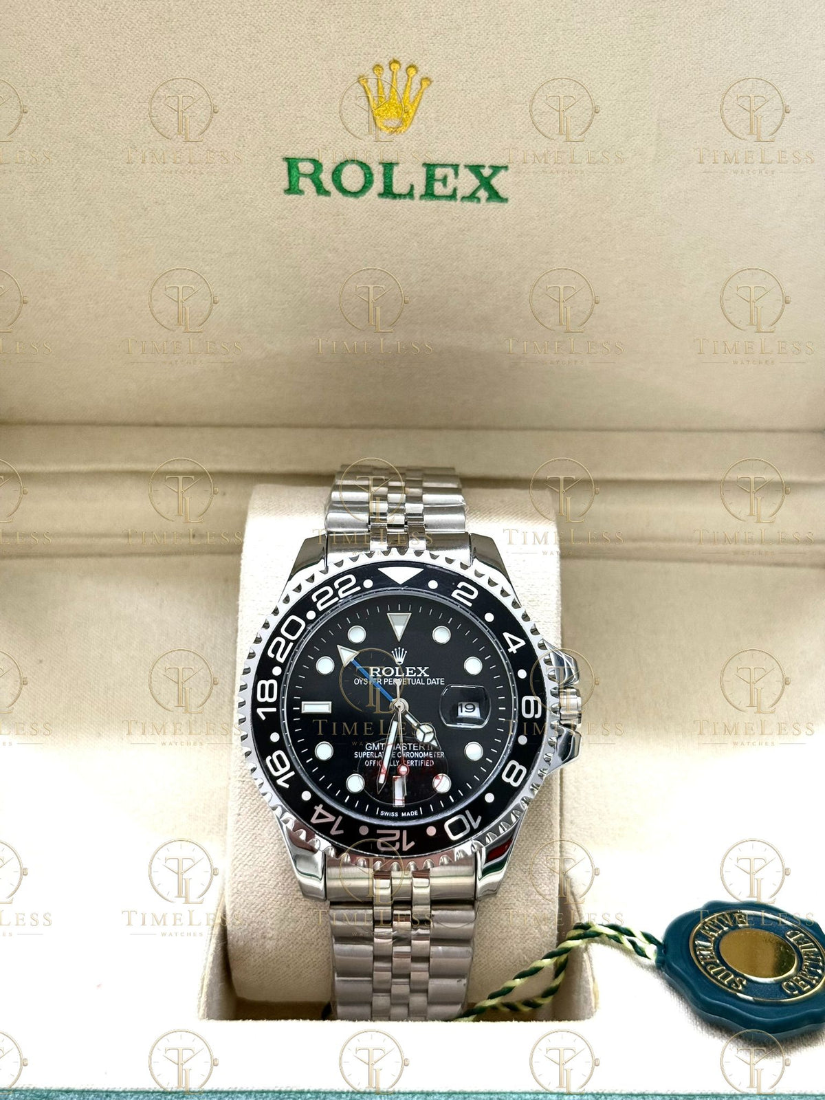 GMT MASTER II silver , black dial , jubilee bracelet