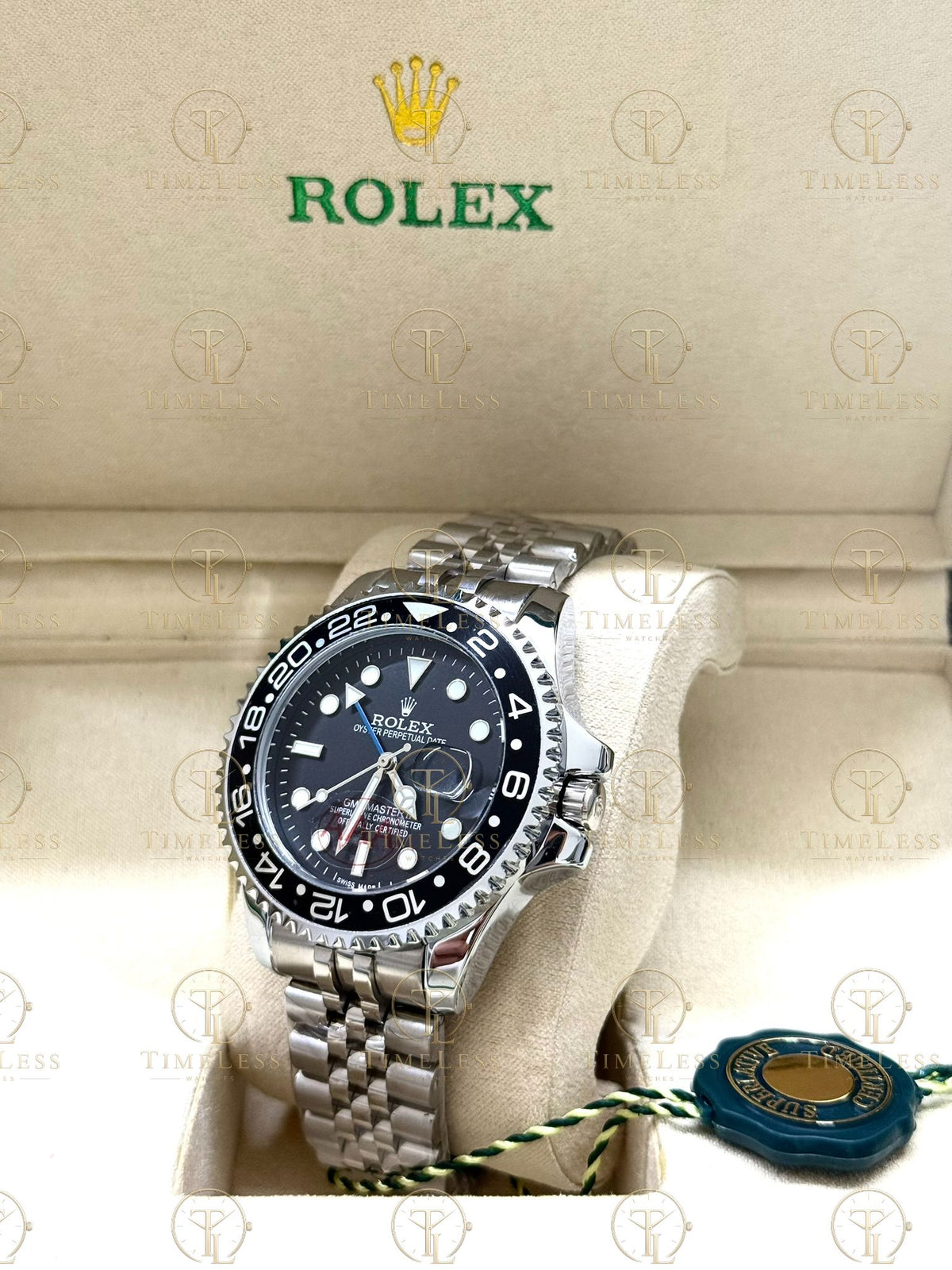 GMT MASTER II silver , black dial , jubilee bracelet