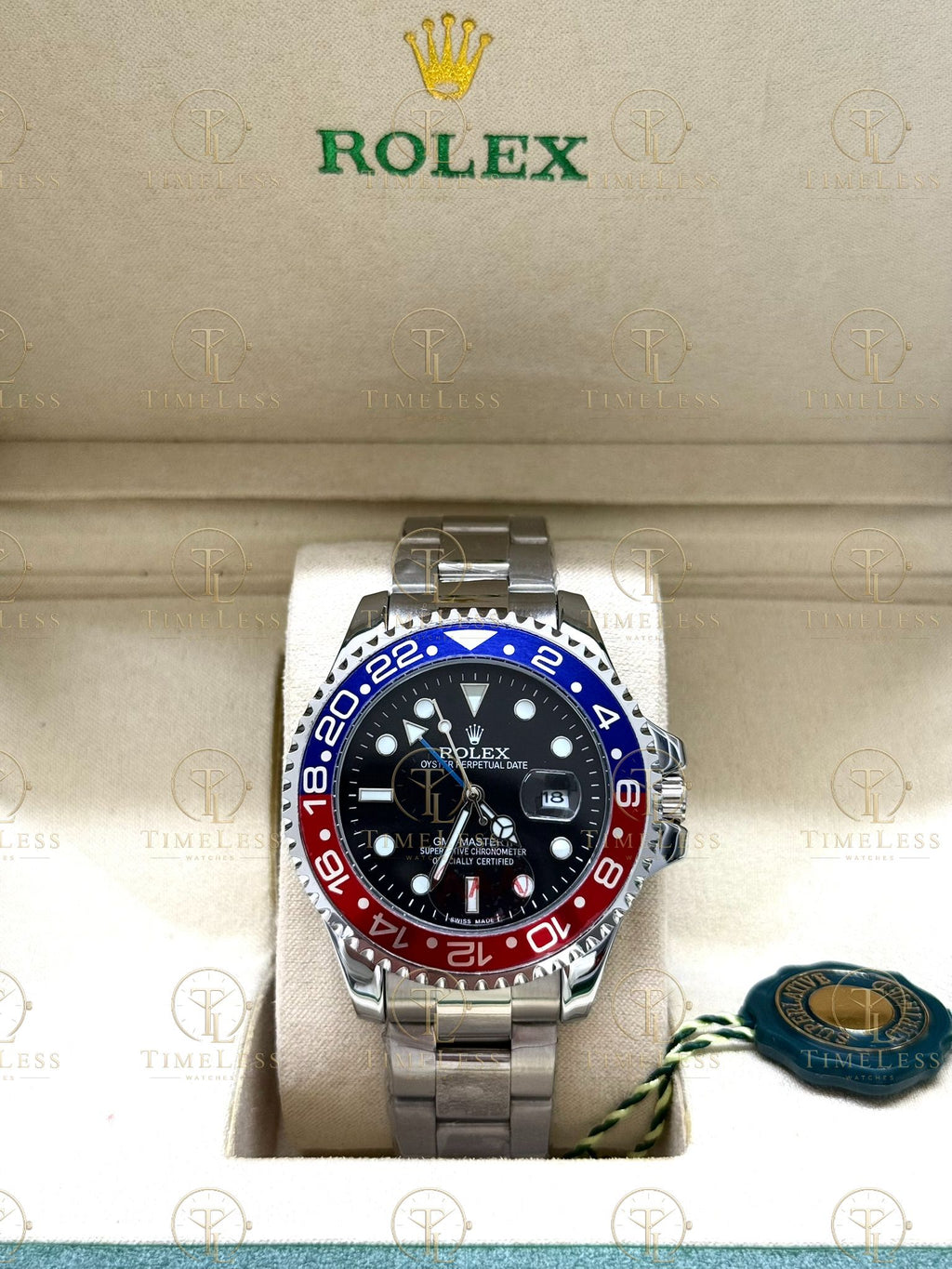 GMT MASTER II PEPSI silver , black dial , oyster bracelet