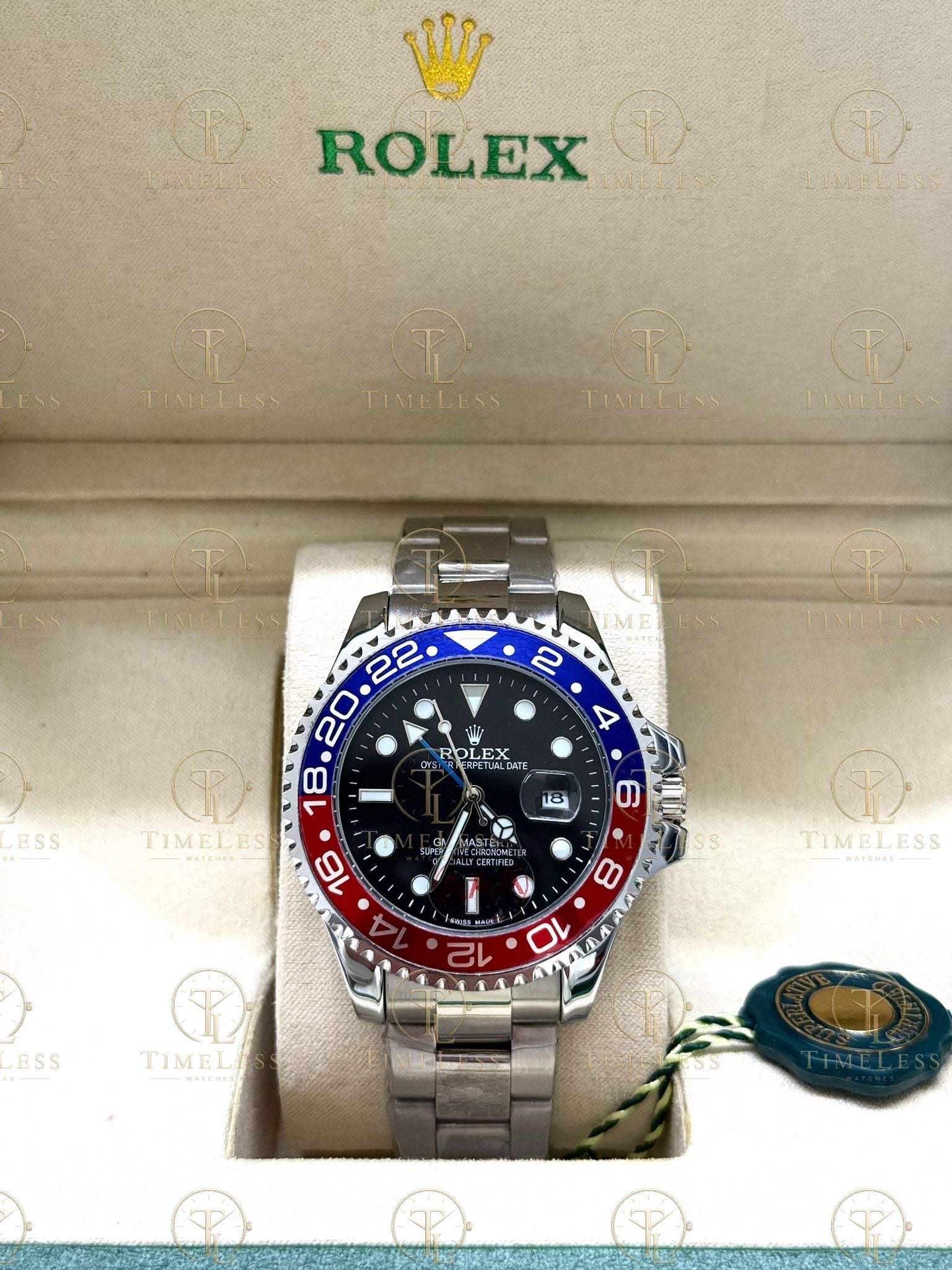 GMT MASTER II PEPSI silver , black dial , oyster bracelet