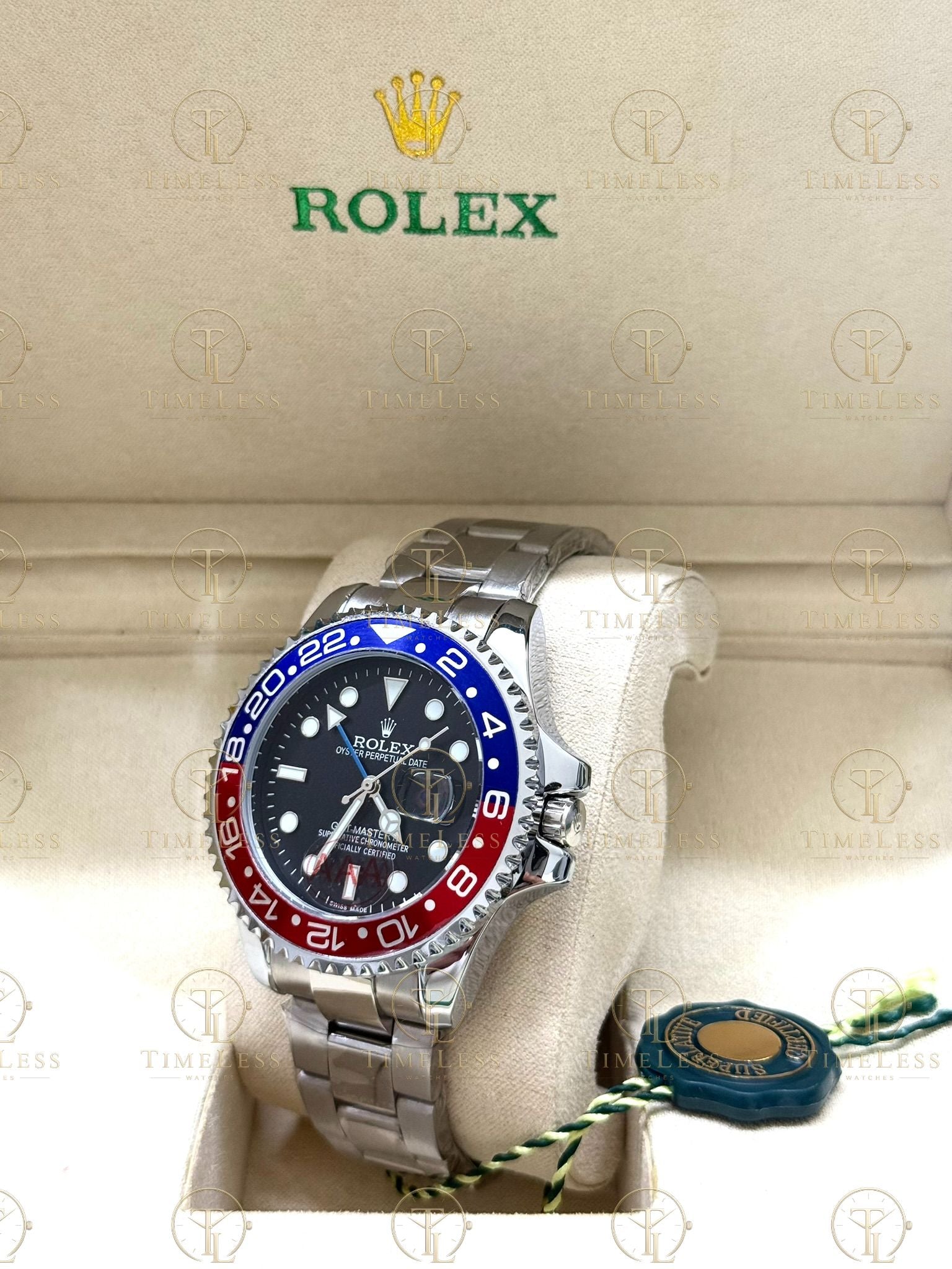 GMT MASTER II PEPSI silver , black dial , oyster bracelet