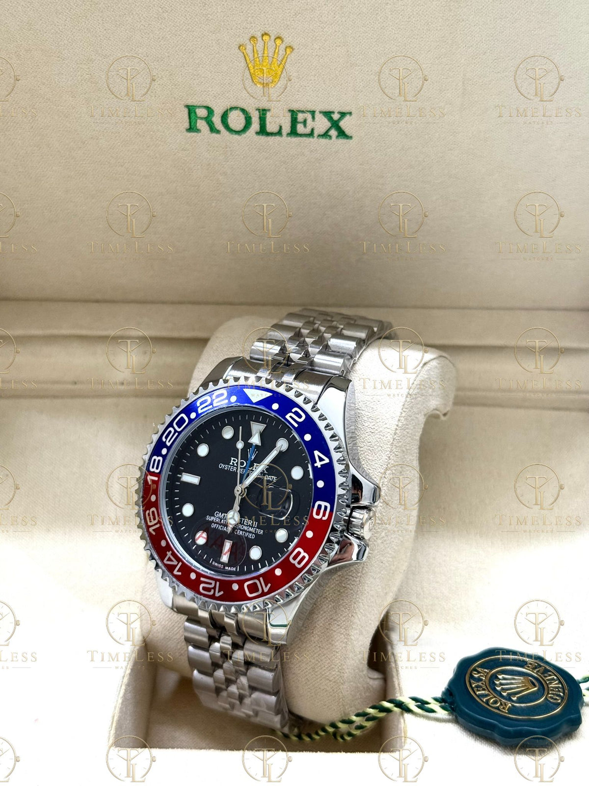GMT MASTER II PEPSI silver , black dial, jubilee bracelet