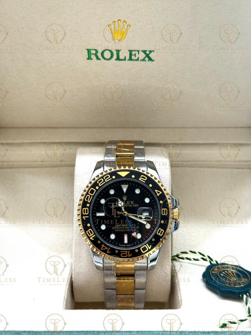 GMT MASTER II gold-silver , black dial , oyster bracelet