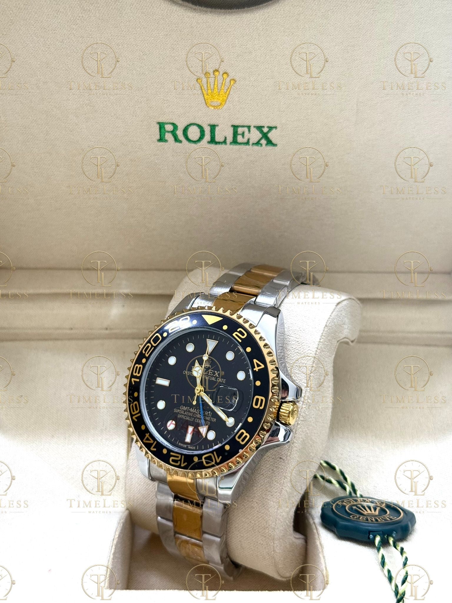GMT MASTER II gold-silver , black dial , oyster bracelet