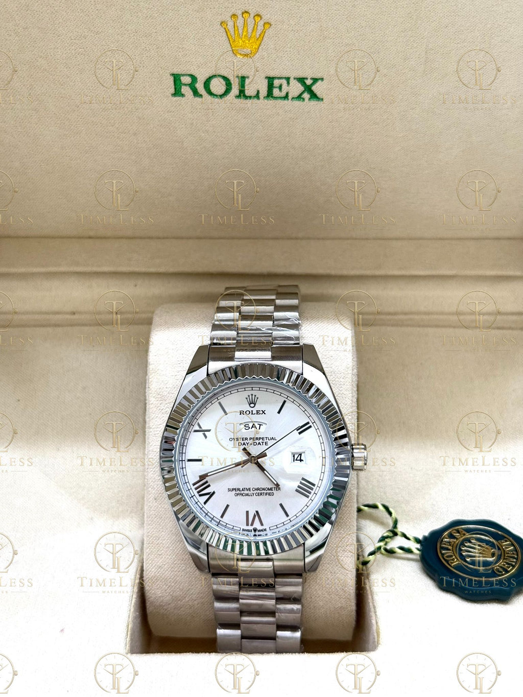 DAY-DATE silver , white roman dial , president bracelet