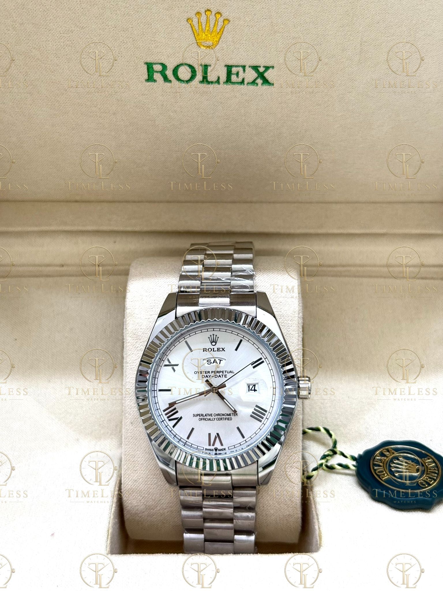 DAY-DATE silver , white roman dial , president bracelet