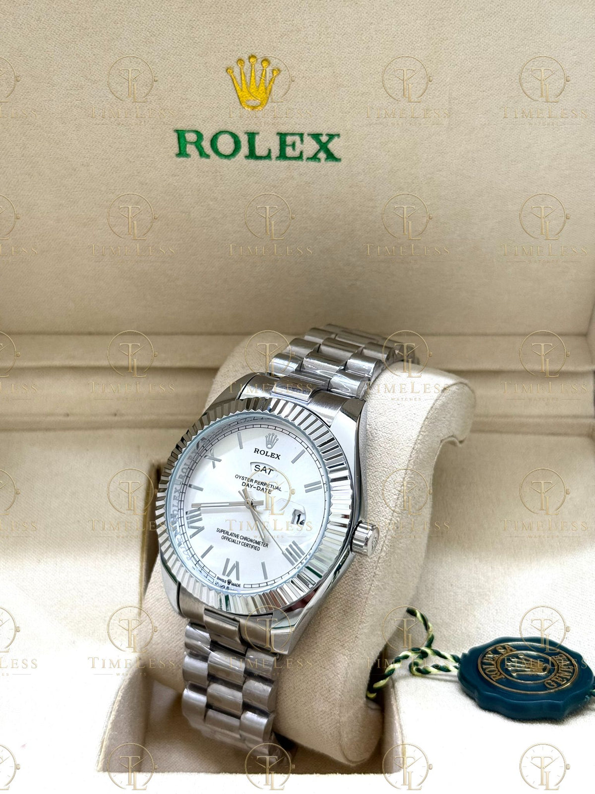 DAY-DATE silver , white roman dial , president bracelet