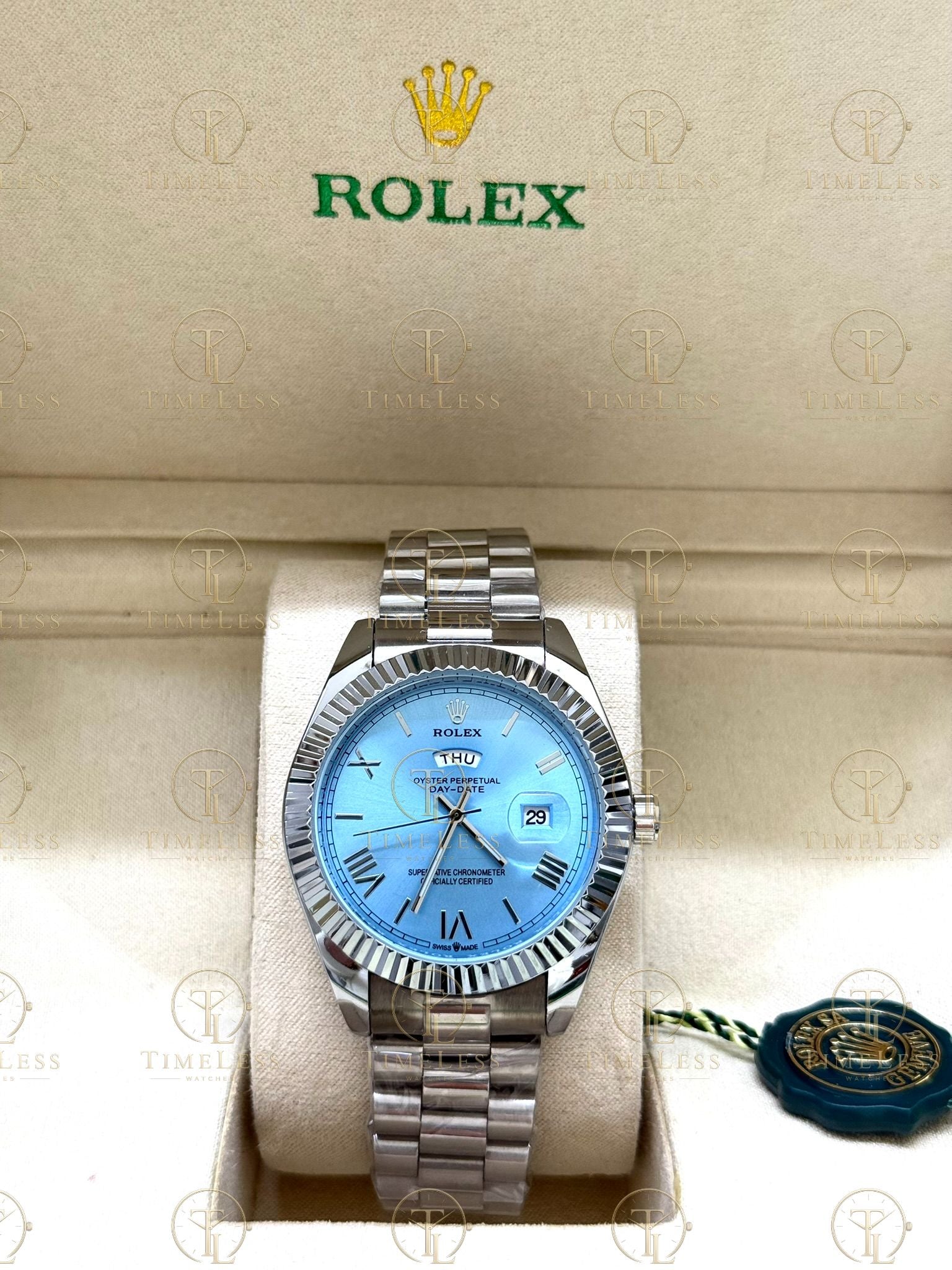 DAY-DATE silver , blue of the heaven roman dial , president bracelet