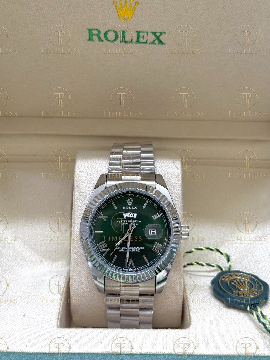 DAY-DATE silver , green roman dial , president bracelet