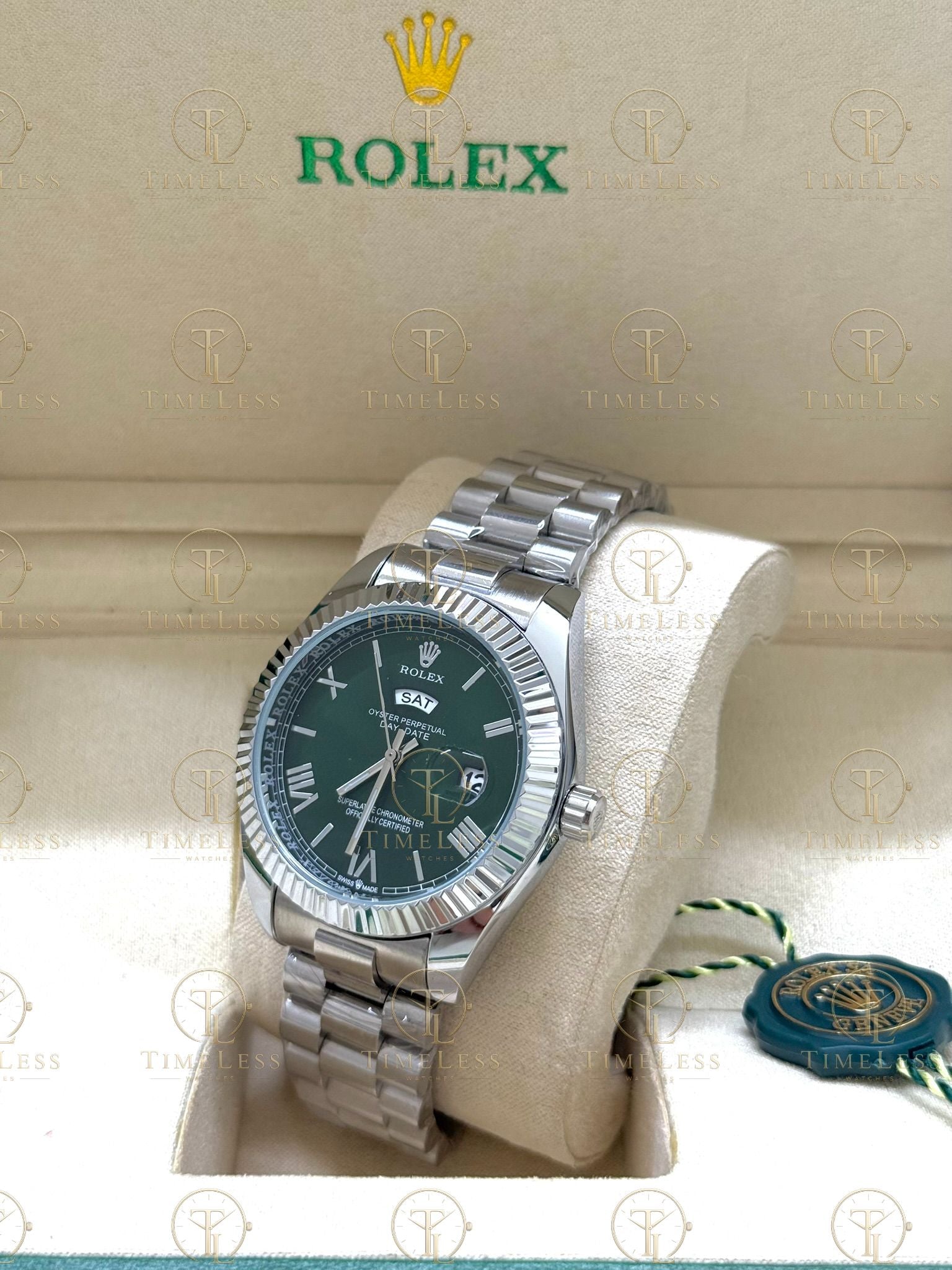DAY-DATE silver , green roman dial , president bracelet