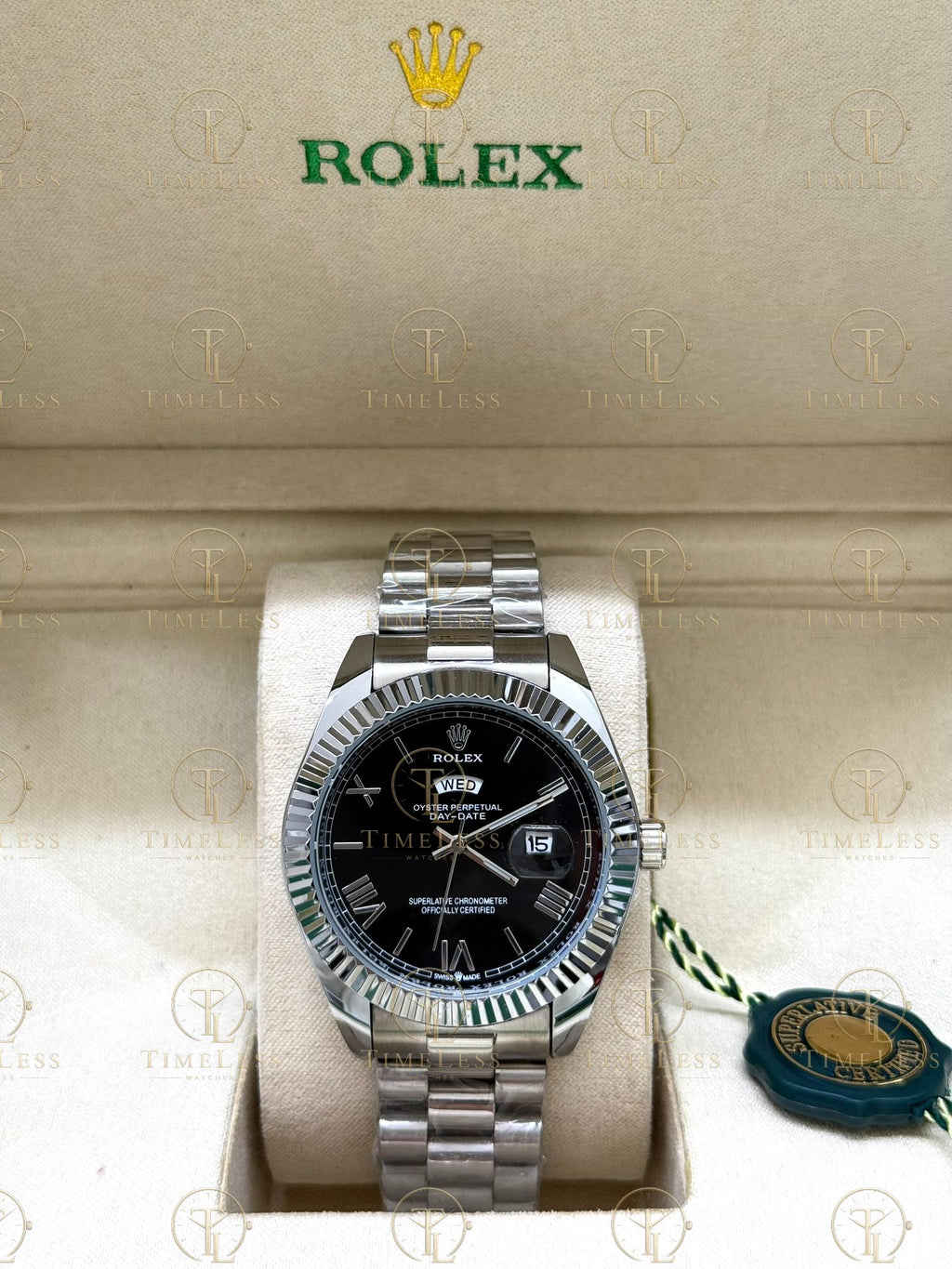 DAY-DATE silver , black roman dial , president bracelet