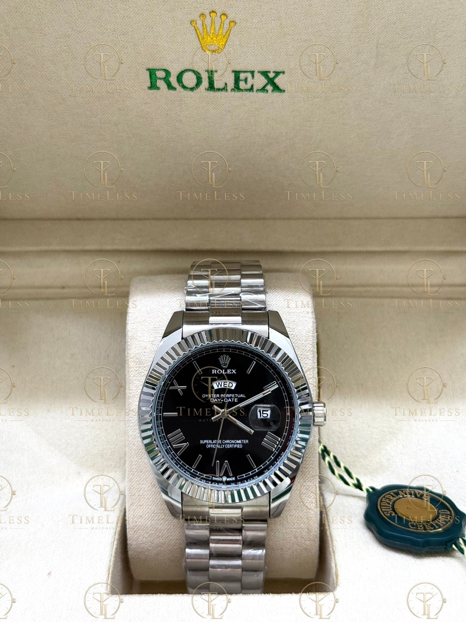 DAY-DATE silver , black roman dial , president bracelet