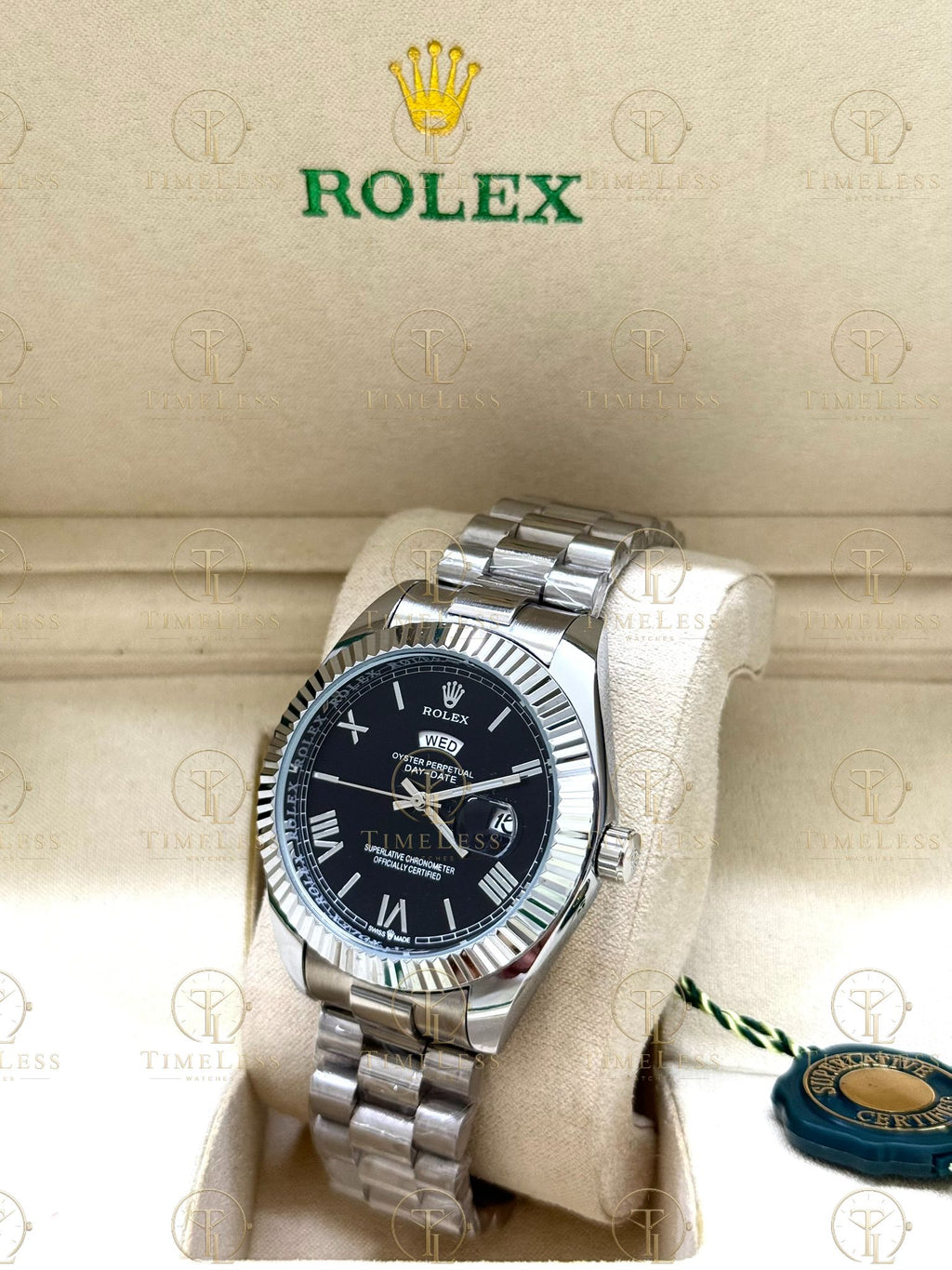 DAY-DATE silver , black roman dial , president bracelet