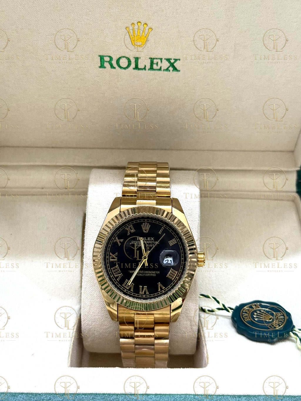 DATE JUST gold , black roman dial , president bracelet
