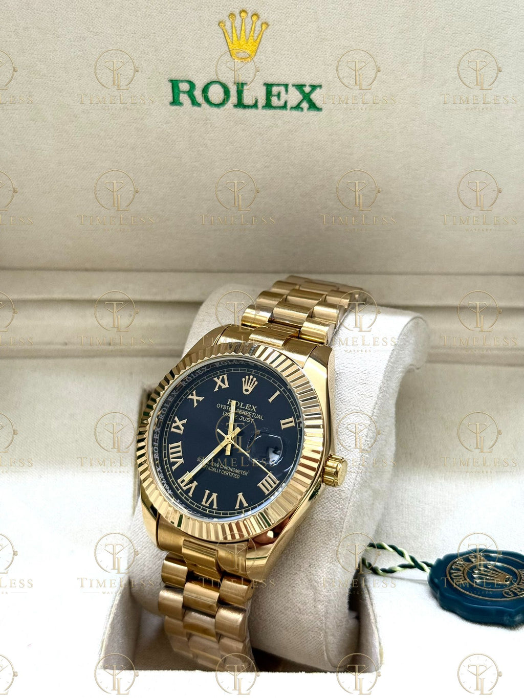 DATE JUST gold , black roman dial , president bracelet