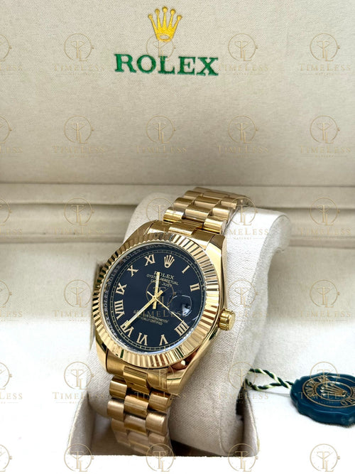 DATE JUST gold , black roman dial , president bracelet