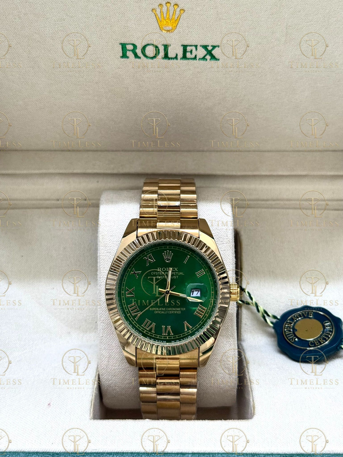 DATE JUST gold , green roman dial , president bracelet