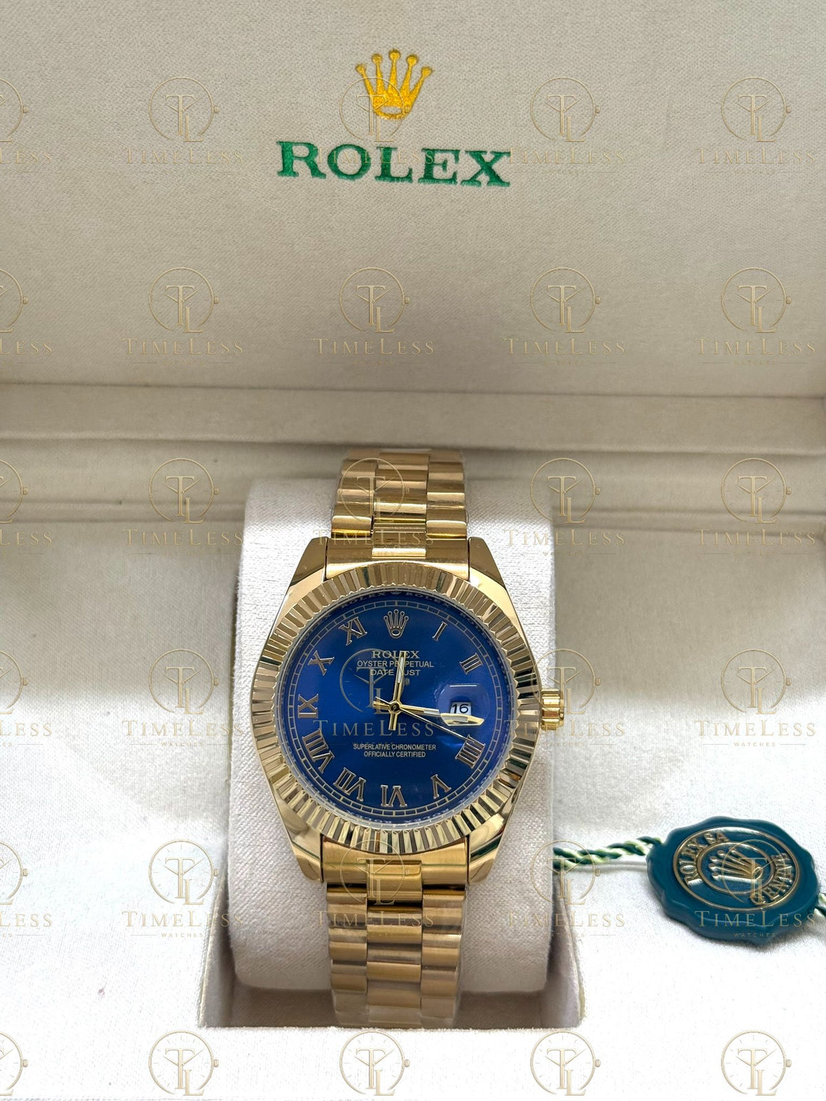 DATE JUST gold , blue roman dial , president bracelet