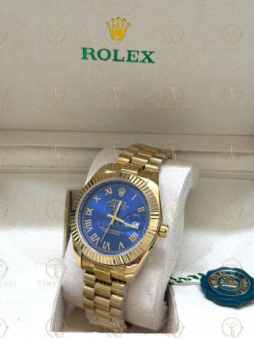 DATE JUST gold , blue roman dial , president bracelet
