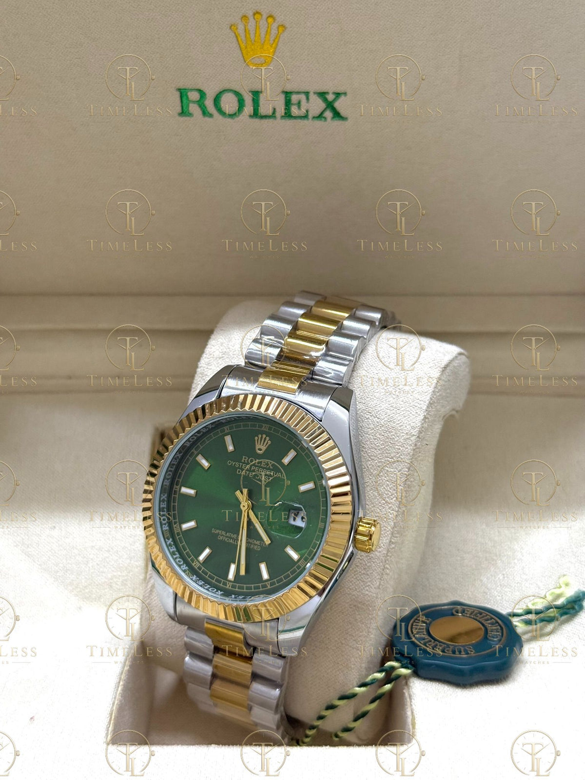 DATE JUST gold-silver , green dial , president bracelet