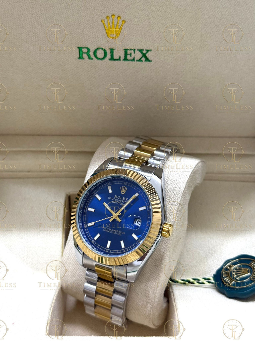 DATE JUST gold-silver , blue dial , president bracelet