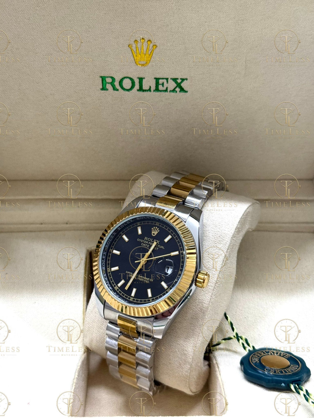 DATE JUST gold-silver , black dial , president bracelet