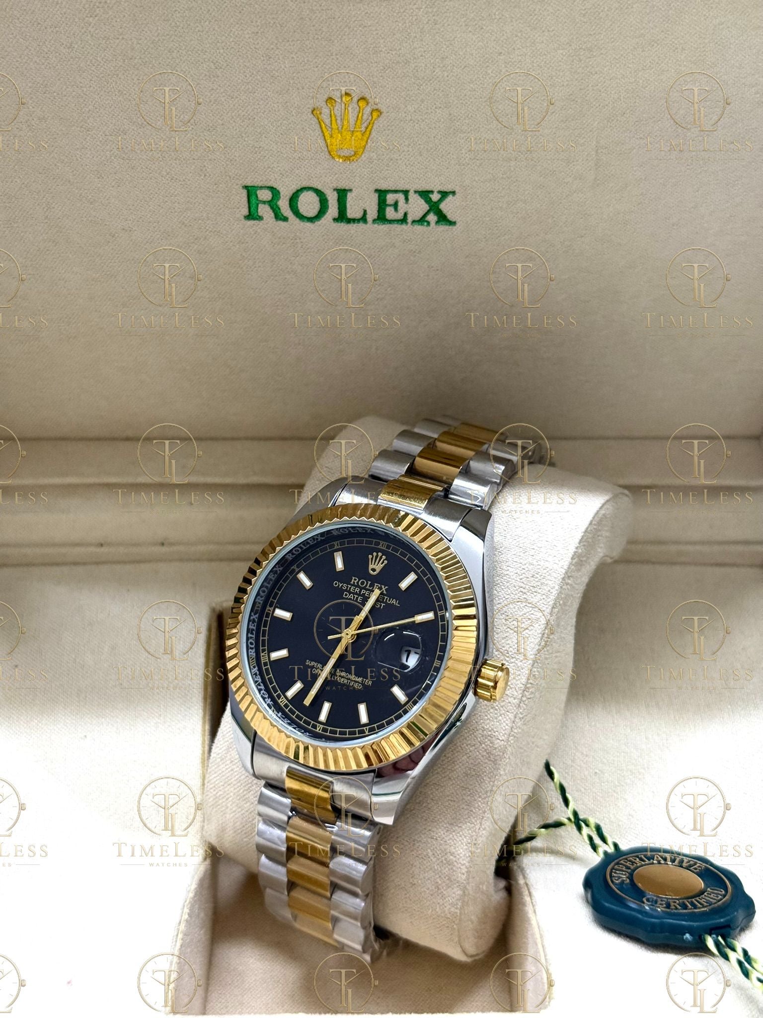 DATE JUST gold-silver , black dial , president bracelet