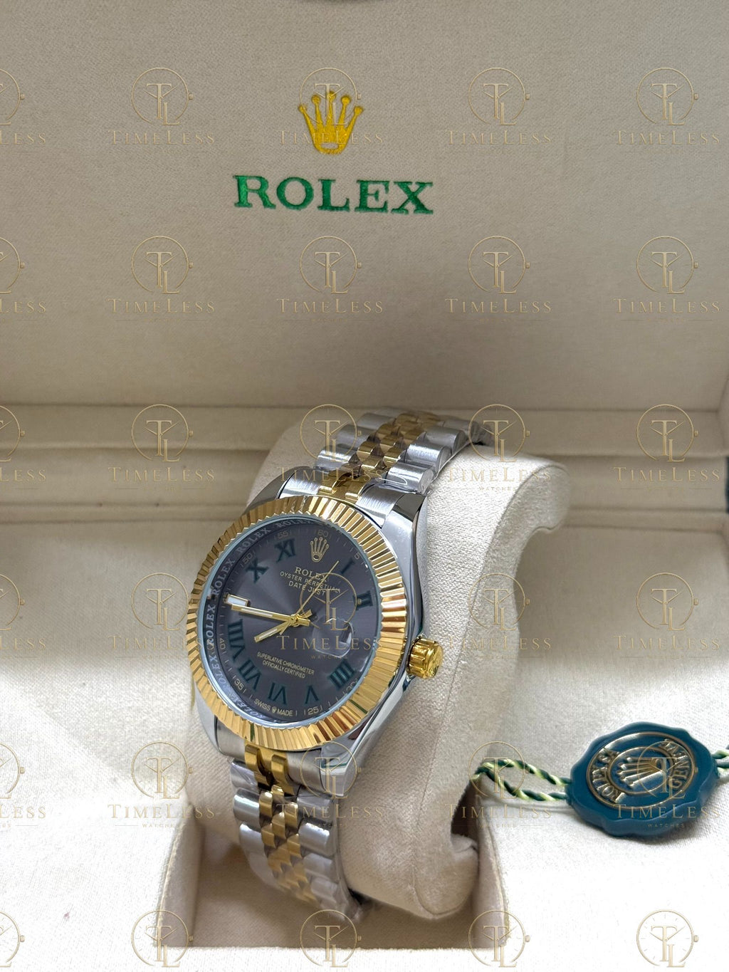 DATE JUST gold-silver , grey roman dial , president bracelet